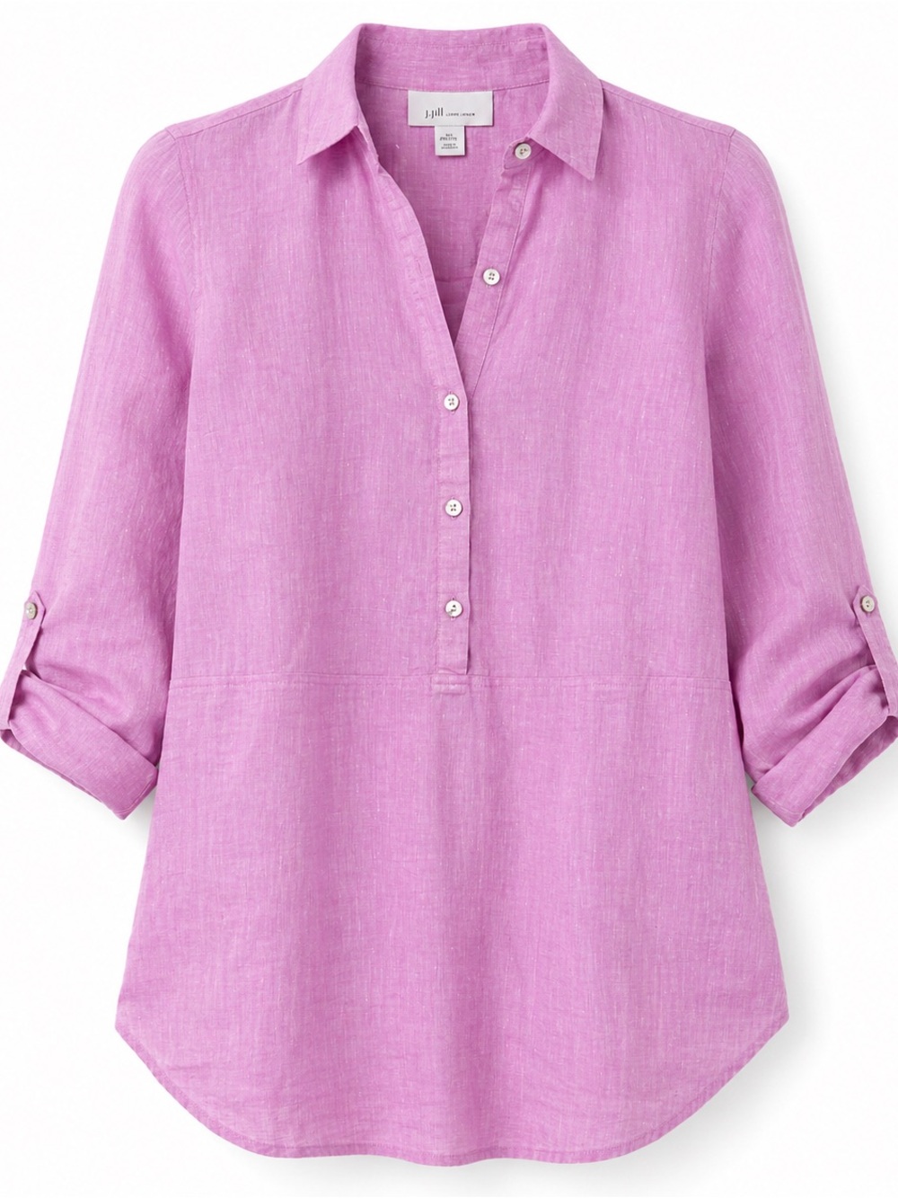 J Jill Linen Tunic XS Petite Pink Button Front Shirt Tab Sleeve coastal resort